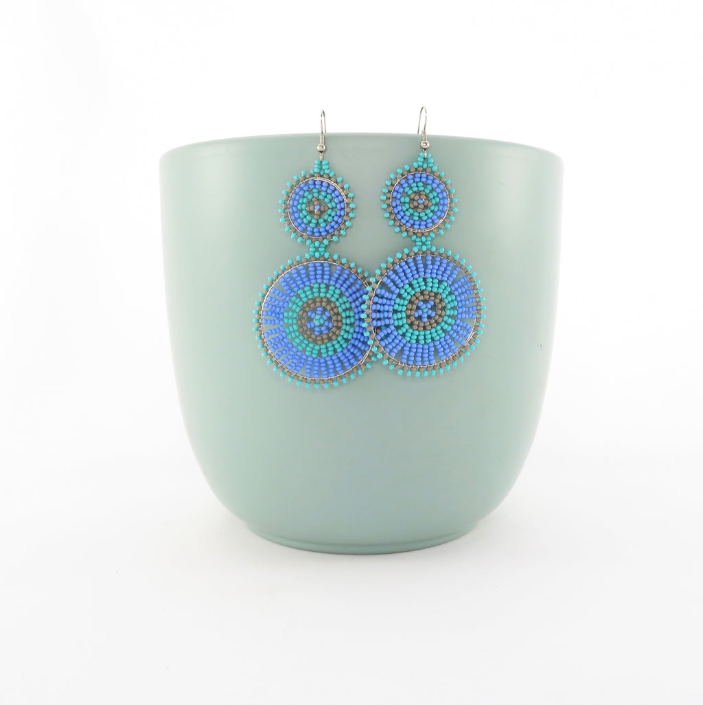 African Beaded Earrings Double Disk Blue