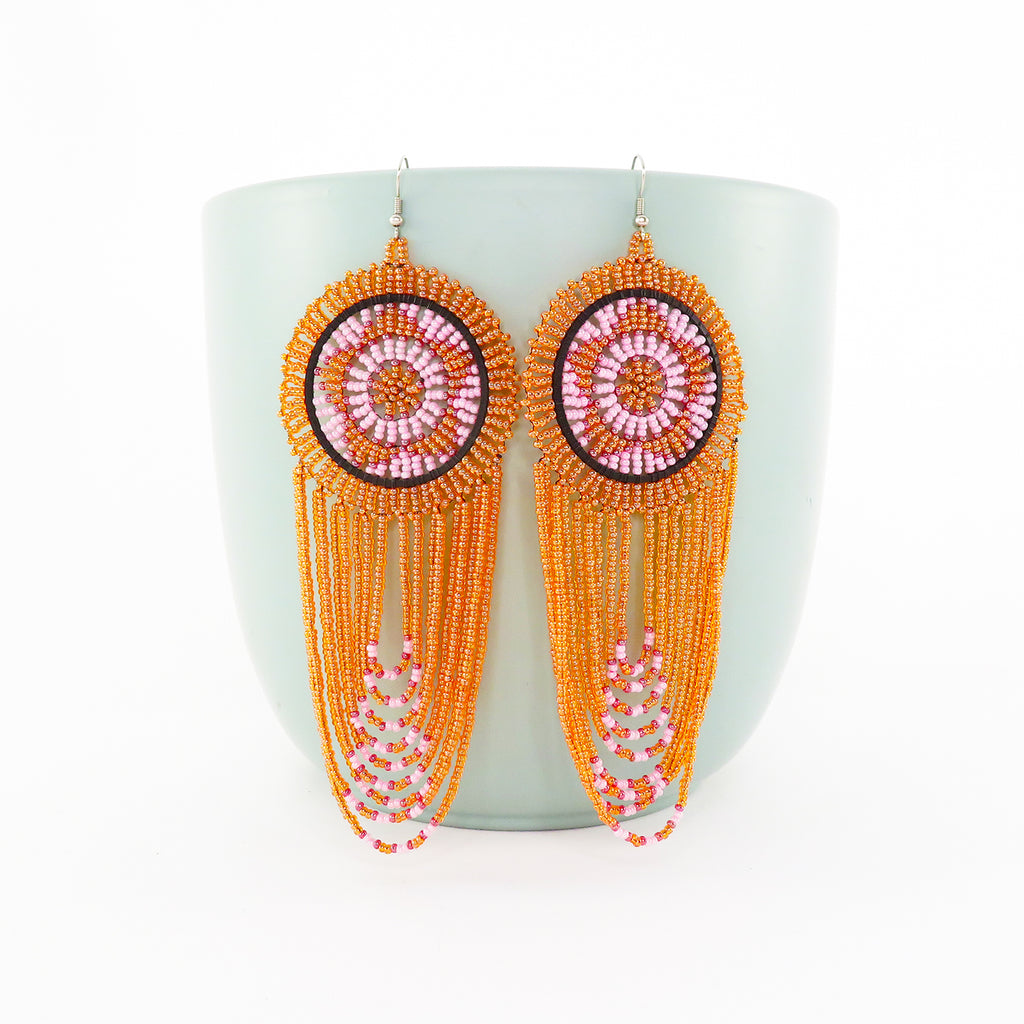 Disk and Fringe Earrings - Orange