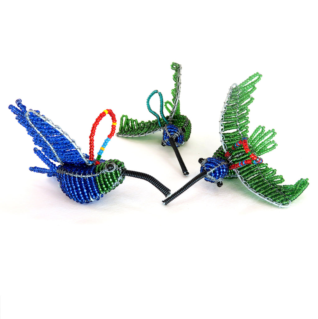 Small Beaded Sunbird decorations - Blue and green